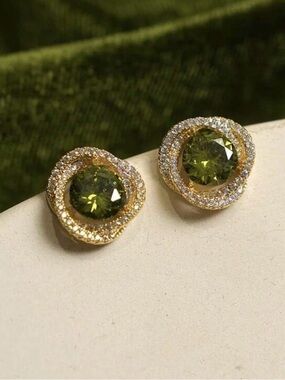 Gold-Tone Olive Green Crystal Halo Stud Earrings